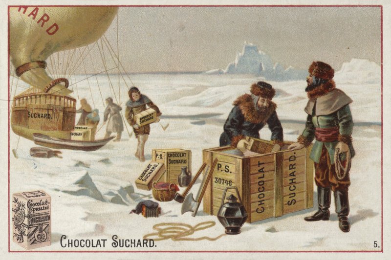 Vykládání beden čokolády Suchard z balónu v Arktidě od European School