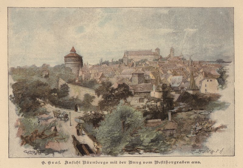 Pohled na Norimberk a jeho hrad, Německo (barevná rytina) od European School