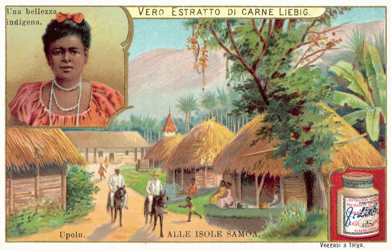 Vesnice na ostrově Upolu, Samoa (chromolitho) od European School