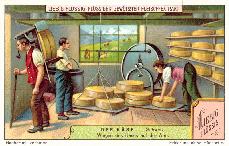 Vážení švýcarských sýrů v alpské mlékárně (chromolitho) od European School