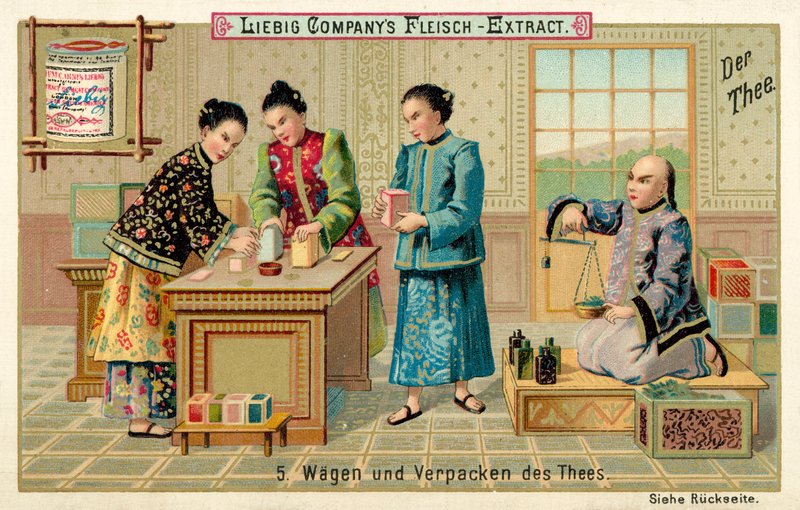Vážení a balení čaje (chromolitho) od European School