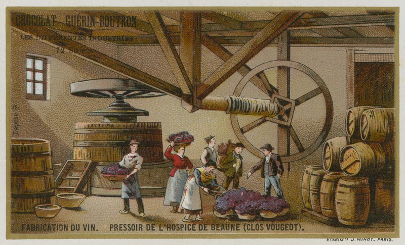 Výroba vína: lis na víno Hospices de Beaune, Clos de Vougeot, Burgundsko, Francie od European School