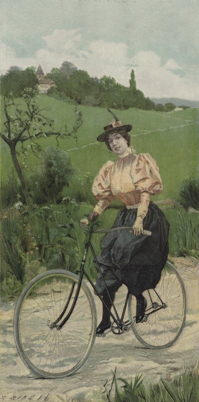 Žena jedoucí na kole na venkovské cestě (barva litho) od European School