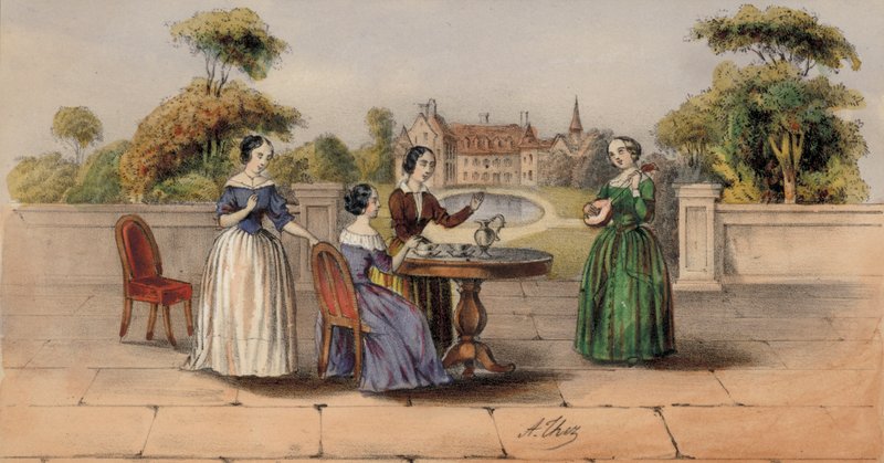 Ženy pijící čaj nebo kávu na zahradě venkovského domu (barva litho) od European School