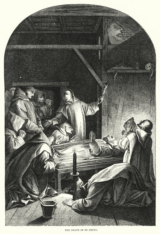 Smrt svatého Bruna (rytina) od Eustache (after) Le Sueur