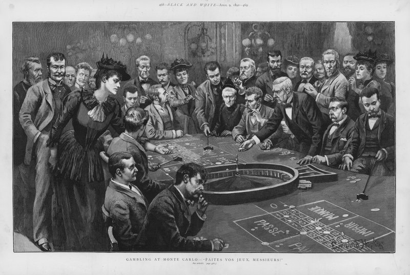 Hazardní hry u ruletového stolu v kasinu Monte Carlo, Monako (litho) od Everard Hopkins