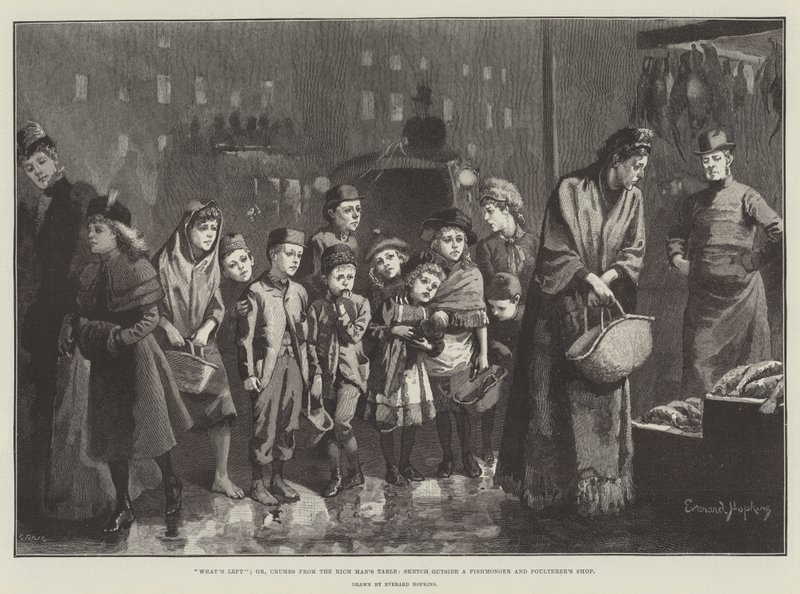 Co zbylo, aneb, Drobky ze stolu bohatého člověka, skica před obchodem s rybami a drůbeží od Everard Hopkins