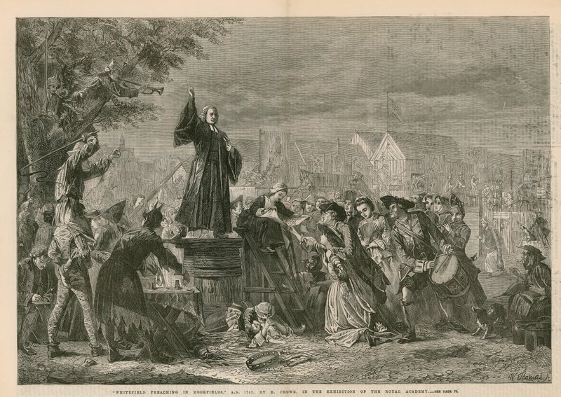 George Whitefield káže v Moorfields, AD 1742 - na výstavě Královské akademie (rytina) od Eyre Crowe
