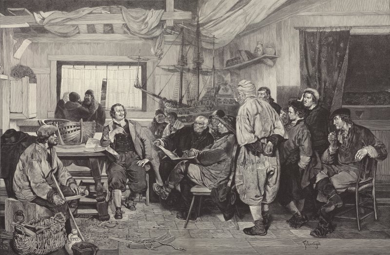 Petr Veliký se v roce 1697 učil umění stavby lodí v Holandsku (rytina) od Felix Cogen