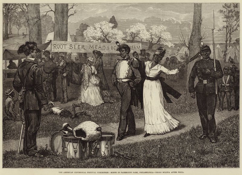 Výstava American Centennial Festival, Scéna ve Fairmount Park, Philadelphia, Negro Militia after Drill od Felix Regamey