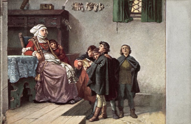 Martin Luther zpíval Frau Cottě, když byl studentem v Eisenachu, Německo, 1499 od Ferdinand Wilhelm Pauwels