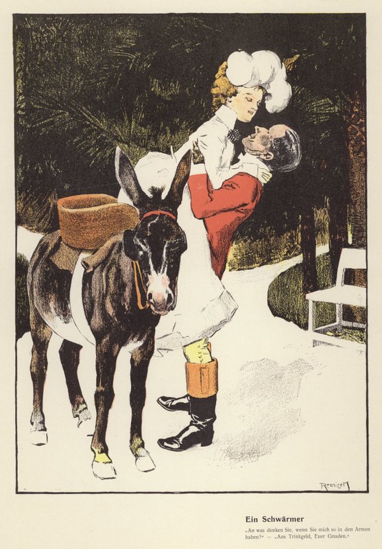 Muž pomáhá ženě sesednout z osla (barva litho) od Ferdinand von Reznicek
