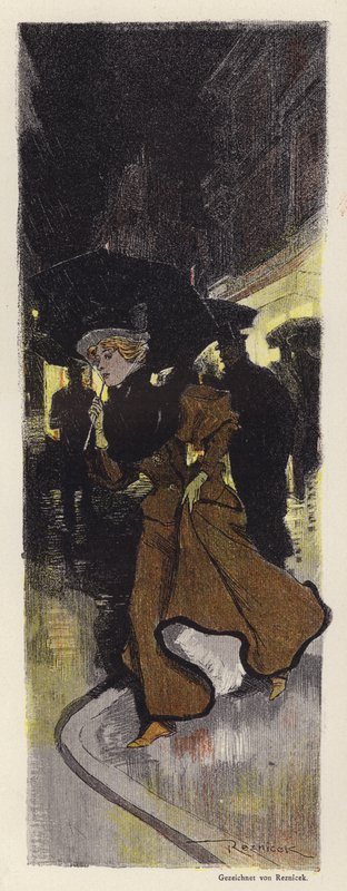 Žena chodící v noci po deštivé ulici (barva litho) od Ferdinand von Reznicek