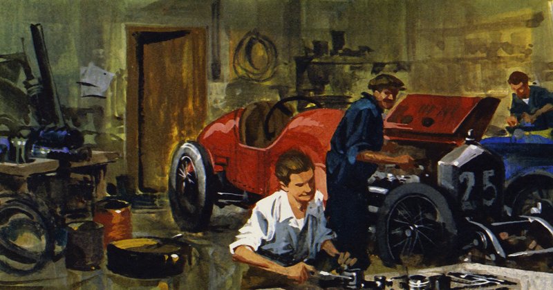 Juan-Manuel Fangio byl učedníkem závodního jezdce Viggiana (barevná litografie) od Ferdinando Tacconi