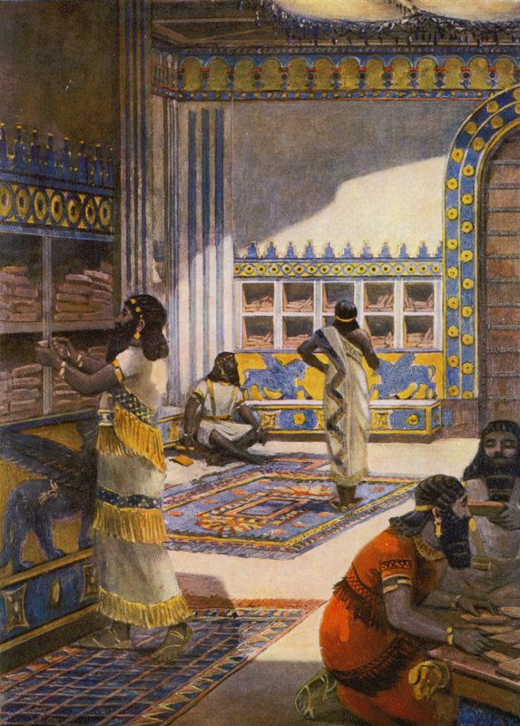 Slavná knihovna krále Aššur-bani-pala v Ninive (barevná litografie) od Fernand Le Quesne