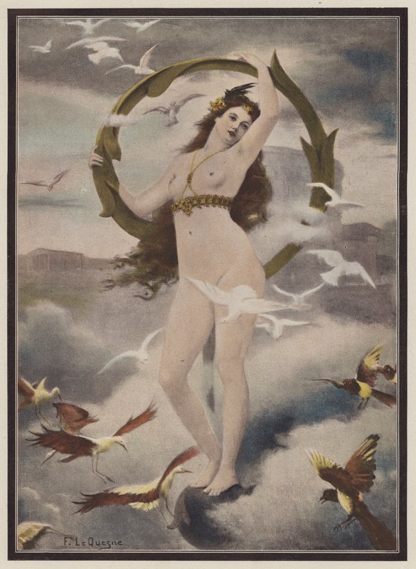 Žena obklopená ptáky (barva litho) od Fernand Le Quesne