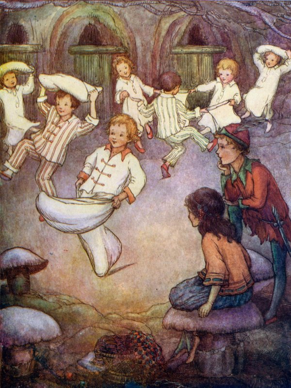 Tanec a polštářová bitva v domácím podzemí (barevná litografie) od Flora White