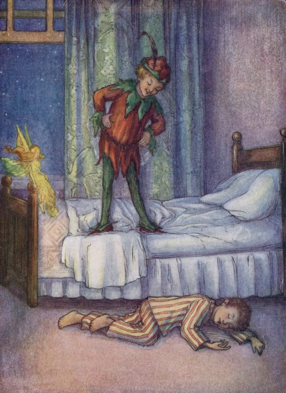 John Darling, kterého Peter Pan z legrace vyhodil (barevná litografie) od Flora White