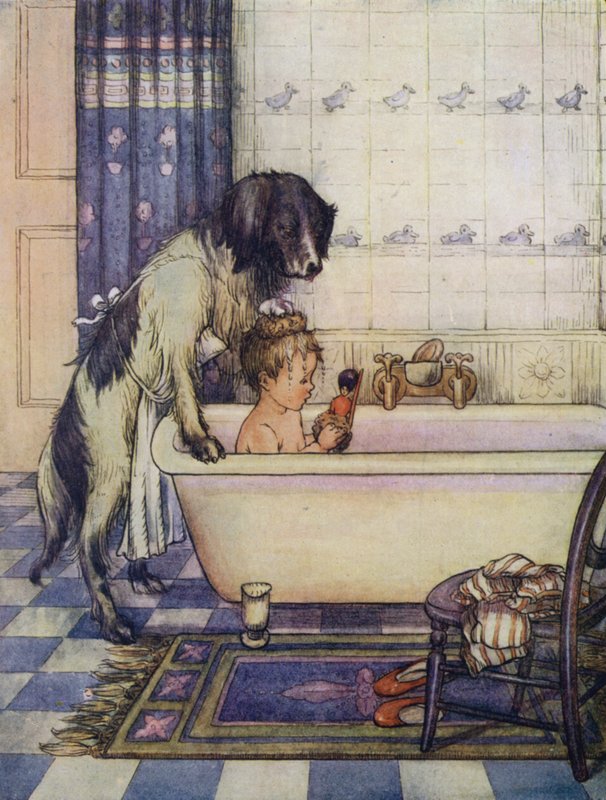 Nana koupající jednoho z mladých Darlingů (barevná litografie) od Flora White