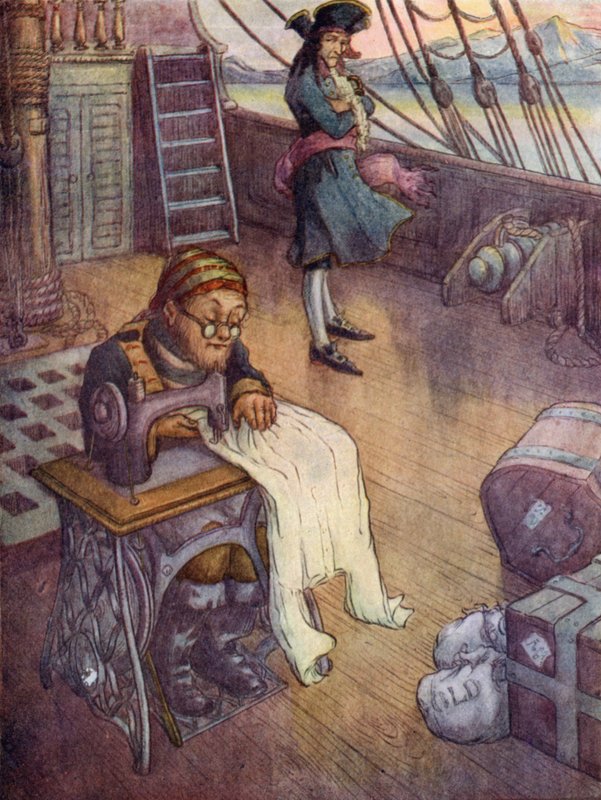 Smee, bossun při práci na šicím stroji (barevná litografie) od Flora White