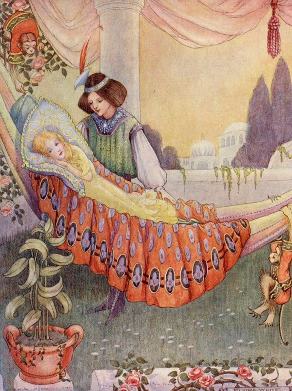 Princezna uložila dívky do houpacích sítí (barevná litografie) od Flora White