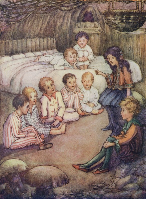 Podzemní dům v lese, kde Wendy vyprávěla příběhy (barevná litografie) od Flora White