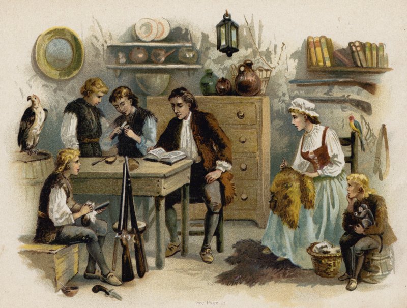 Scéna ze švýcarské rodiny Robinson: Otec čte rodině ve Skalním hradu (chromolitho) od Florence Maplestone