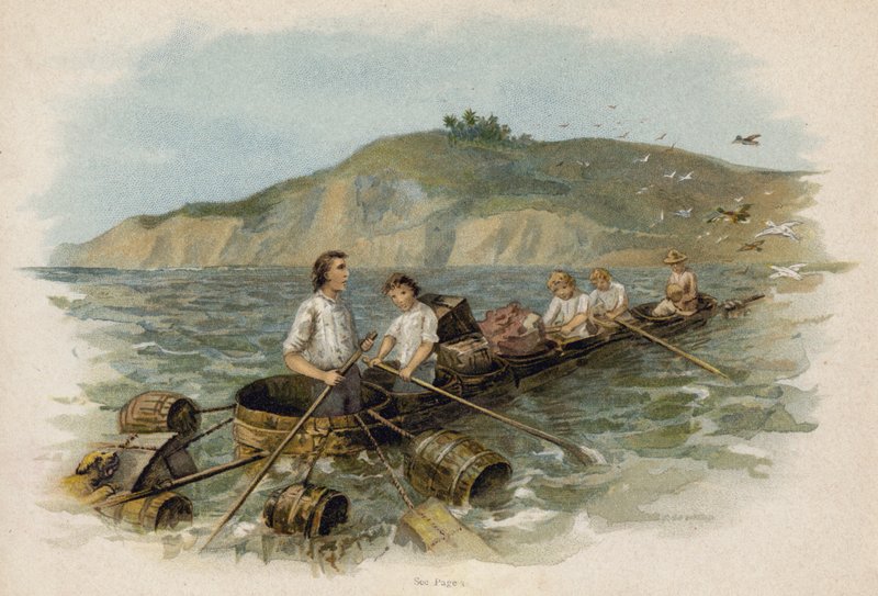 Scéna z The Swiss Family Robinson: Blížící se přistání ve člunu s vanou (chromolitho) od Florence Maplestone