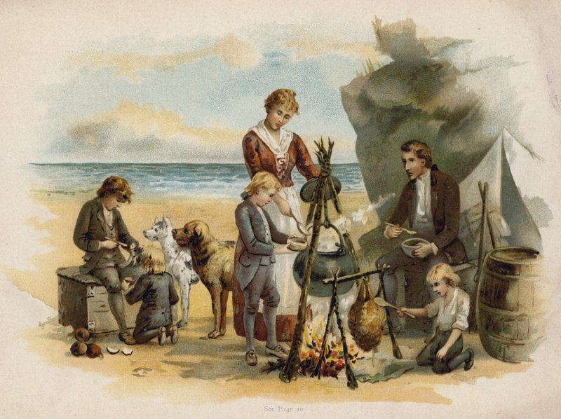 Scéna z The Swiss Family Robinson: čas večeře po první expedici (chromolitho) od Florence Maplestone