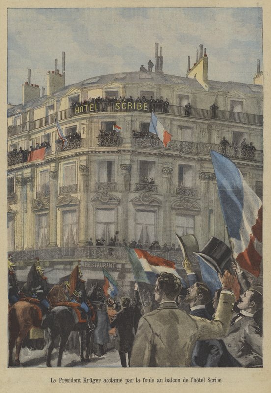 Paul Kruger, bývalý prezident Transvaalu, na balkoně hotelu Scribe v Paříži, přijímající uznání davu od Fortune Louis Meaulle