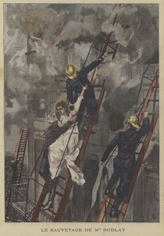 Záchrana herečky Adeline Dudlay z požáru v Theatre-Francais v Paříži od Fortune Louis Meaulle