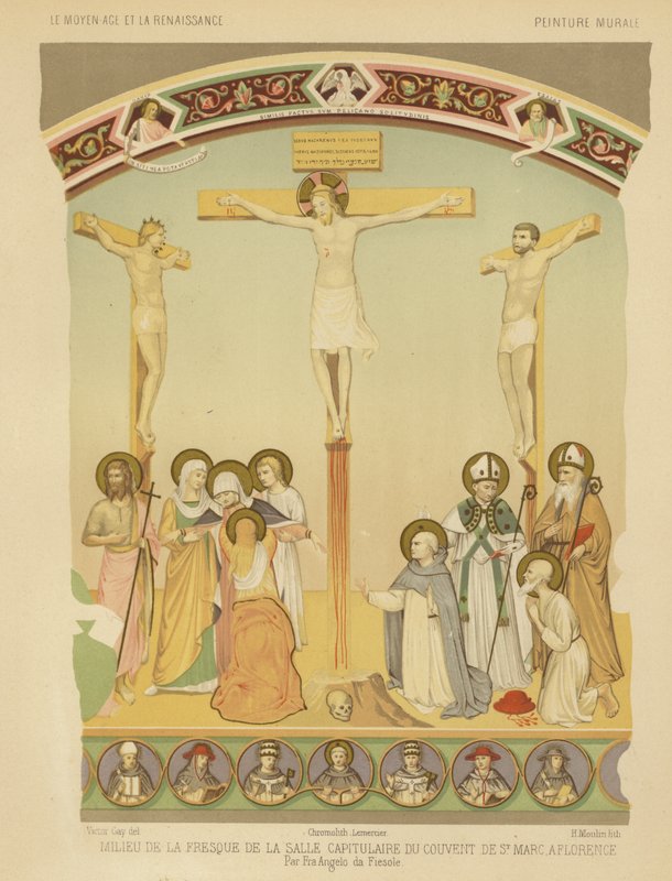 Ukřižování Ježíše Krista, freska v klášteře San Marco, Florencie (chromolitho) od Fra (after) Angelico