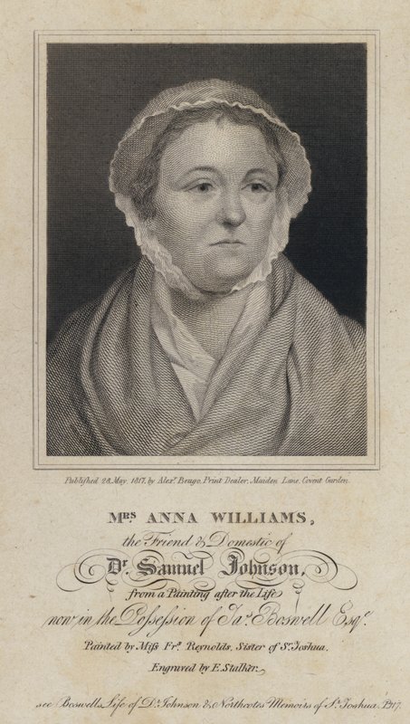 Anna Williams, velšská básnířka a přítelkyně anglického spisovatele Samuela Johnsona (rytina) od Frances (after) Reynolds