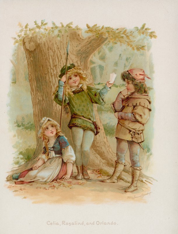 Celia, Rosalind a Orlando ze Shakespearova Jak se vám líbí od Frances Brundage