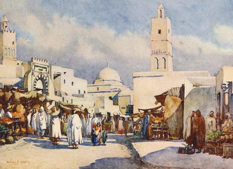 La Grande Rue, Kairouan (barevná litografie) od Frances Nesbitt