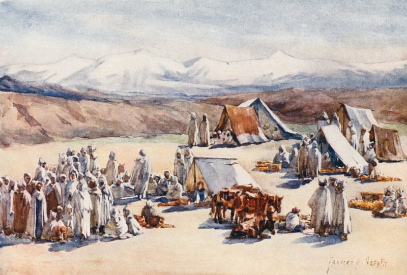Den trhu, Timgad (barevná litografie) od Frances Nesbitt