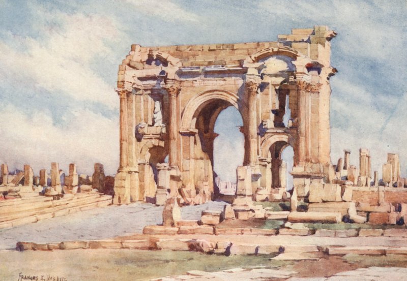 Trajánův oblouk, Timgad (barevná litografie) od Frances Nesbitt