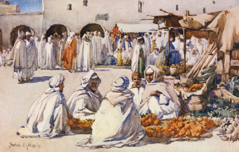 Ovocný trh, Biskra (barevná litografie) od Frances Nesbitt