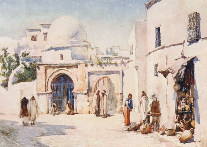 Zaouia v ulici Tourbet el Bey, Tunis (barevná litografie) od Frances Nesbitt