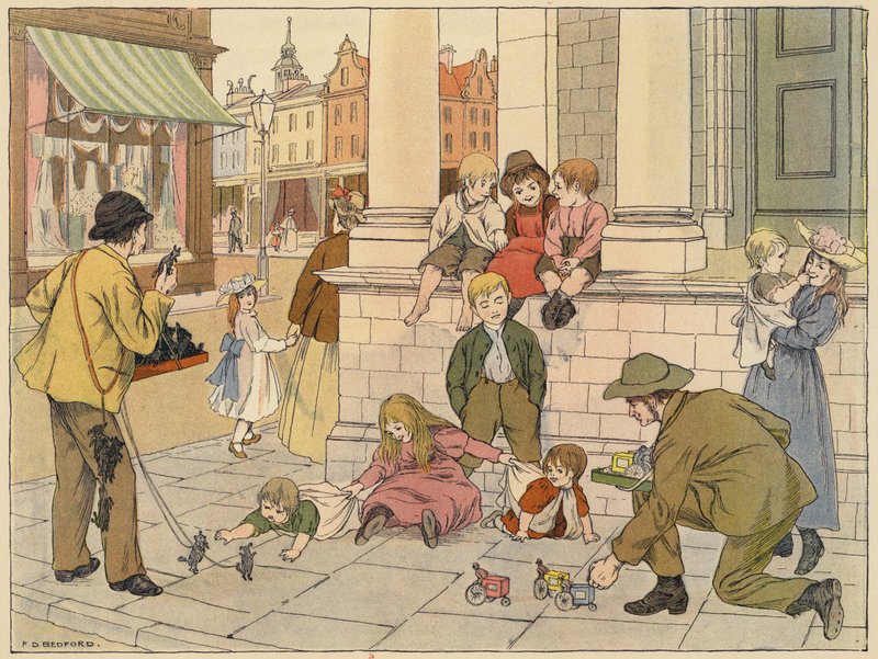 Bedfordova kniha obchodů: Kerbstone merchants (barevná litografie) od Francis Donkin Bedford