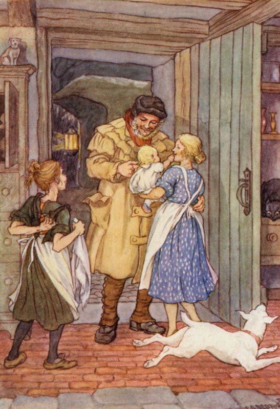 Ilustrace k románu Cvrček na krbu od Charlese Dickense (barevná litografie) od Francis Donkin Bedford