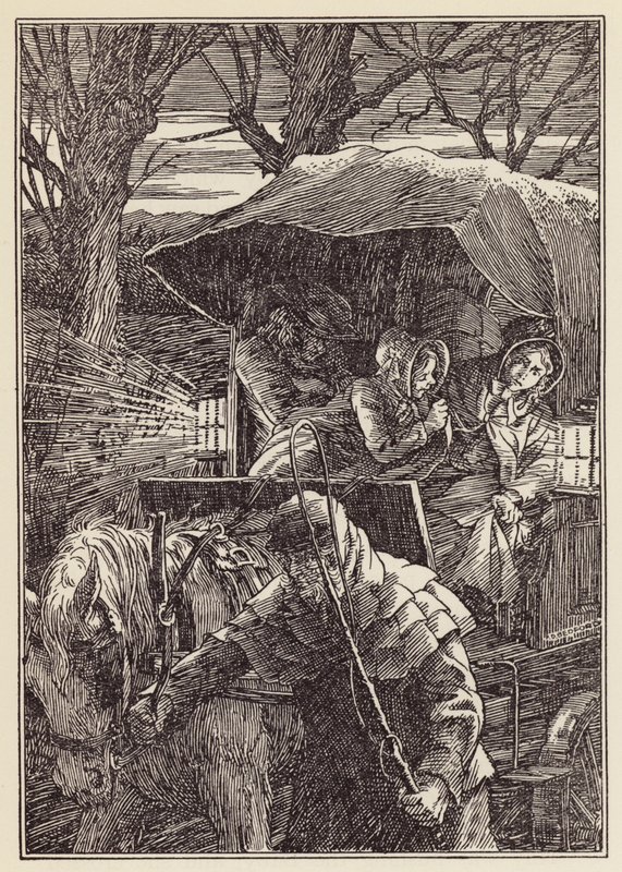 Ilustrace k románu Cvrček na krbu od Charlese Dickense (barevná litografie) od Francis Donkin Bedford