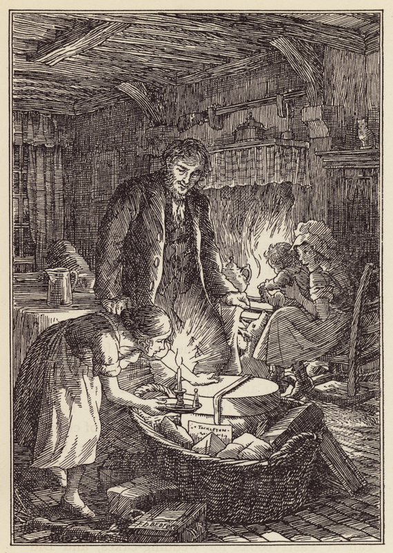Ilustrace k románu Cvrček na krbu od Charlese Dickense (barevná litografie) od Francis Donkin Bedford