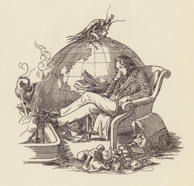 Ilustrace k románu Cvrček na krbu od Charlese Dickense (barevná litografie) od Francis Donkin Bedford