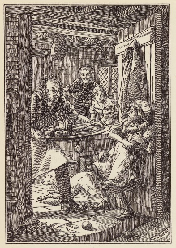 Ilustrace k románu Cvrček na krbu od Charlese Dickense (barevná litografie) od Francis Donkin Bedford