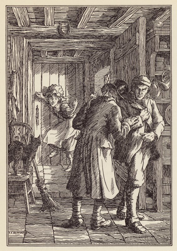 Ilustrace k románu Cvrček na krbu od Charlese Dickense (barevná litografie) od Francis Donkin Bedford