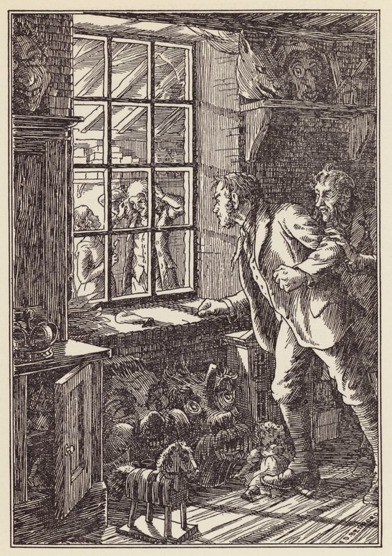 Ilustrace k románu Cvrček na krbu od Charlese Dickense (barevná litografie) od Francis Donkin Bedford