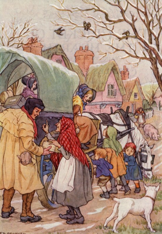 Ilustrace k románu Cvrček na krbu od Charlese Dickense (barevná litografie) od Francis Donkin Bedford