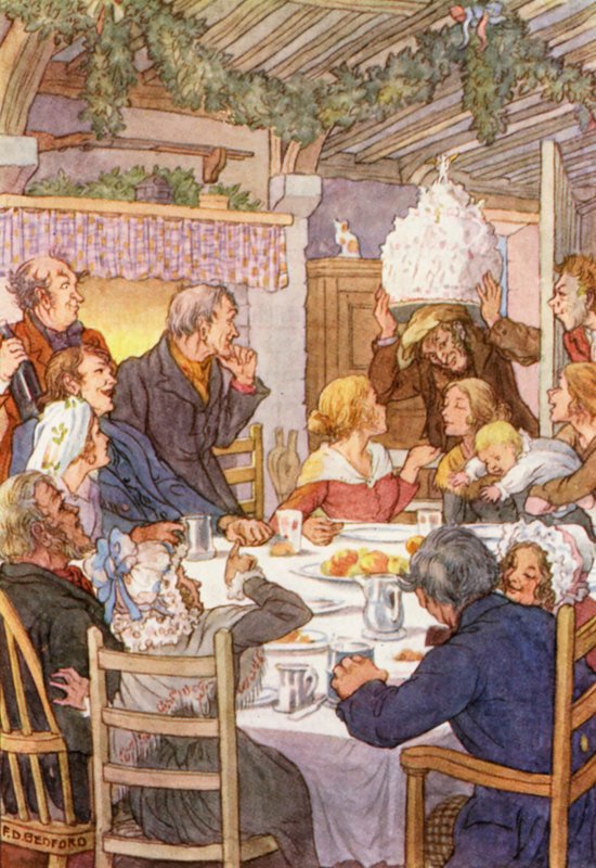 Ilustrace k románu Cvrček na krbu od Charlese Dickense (barevná litografie) od Francis Donkin Bedford