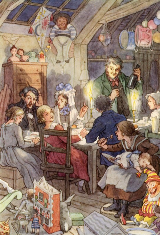 Ilustrace k románu Cvrček na krbu od Charlese Dickense (barevná litografie) od Francis Donkin Bedford